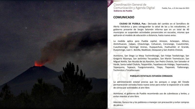 Suspenden clases presenciales en Puebla por intensa actividad del Popocatépetl 