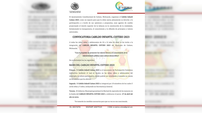Lanzan convocatoria abierta para el Cabildo Infantil Cuitzeo 2023  