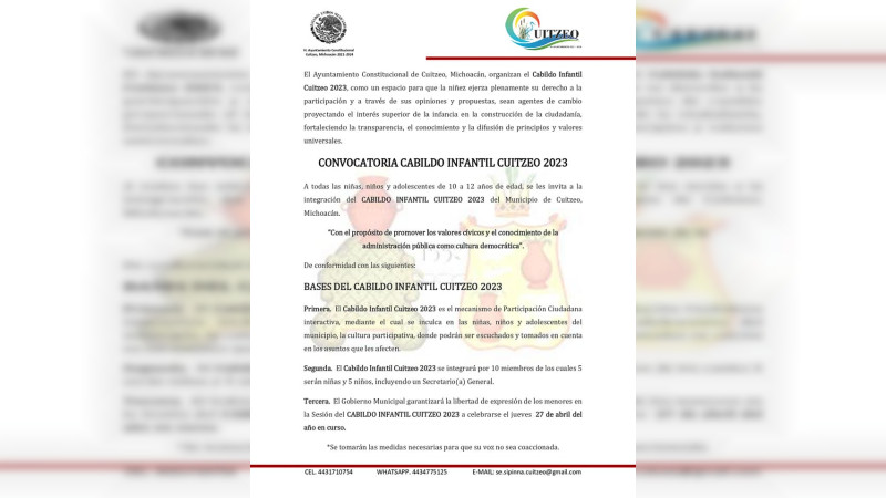 Lanzan convocatoria abierta para el Cabildo Infantil Cuitzeo 2023