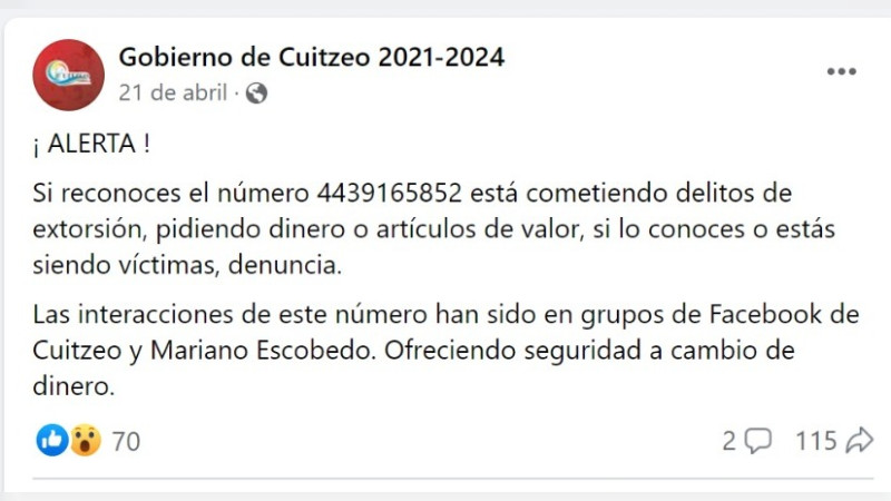 Gobierno Municipal de Cuitzeo alerta a pobladores de un número de extorsión 