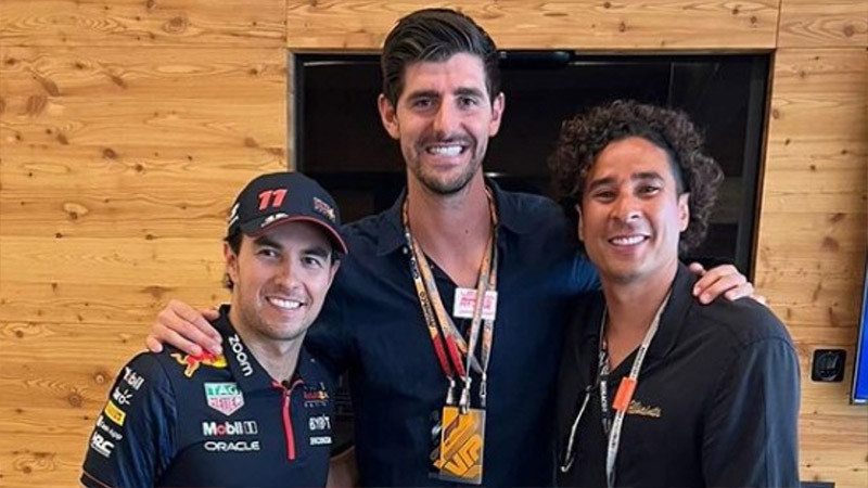 Checo Pérez recibió la visita de Guillermo Ochoa y Thibaut Courtois en el GP de Mónaco 