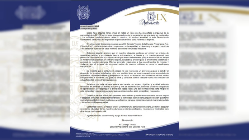 Tras video difundido en redes sociales con respecto a la Preparatoria “Lic. Eduardo Ruiz”, responde el H. Consejo Técnico de la institución 