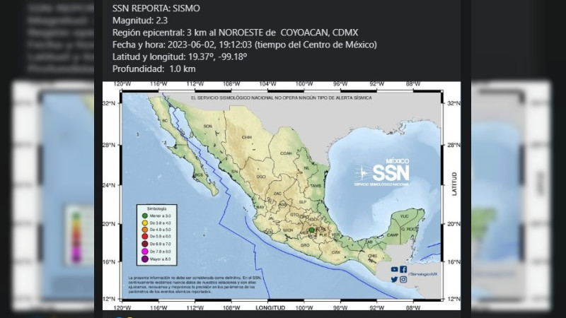 Se registra sismo magnitud 2.3 en Coyoacán 