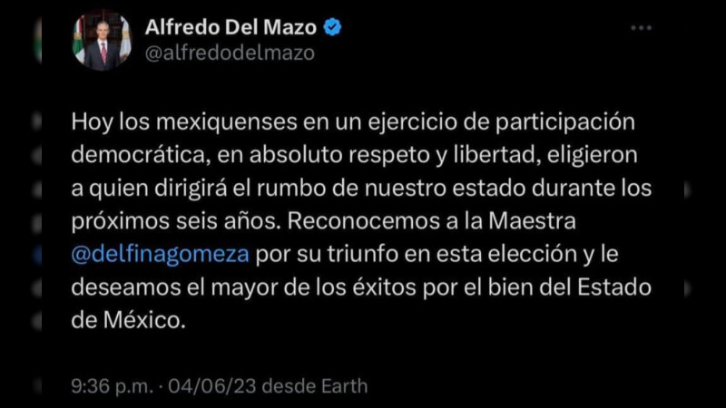 Reconoce Alfredo del Mazo triunfo de Delfina Gómez; le desea el mayor de los éxitos