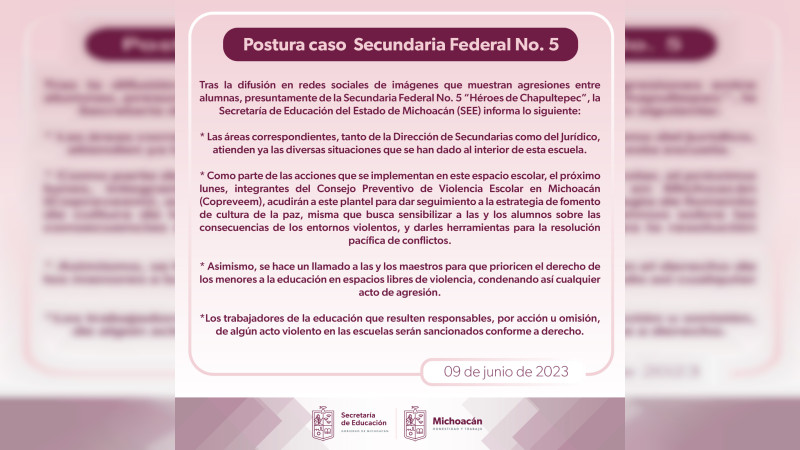 Alumnas de la secundaria Federal 5 Héroes de Chapultepec, en Morelia, se agreden; SEE emite su postura 