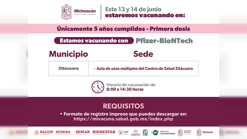 Secretaría de Salud Michoacán llama a vacunar a menores de 5 años