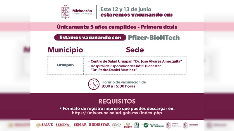Secretaría de Salud Michoacán llama a vacunar a menores de 5 años