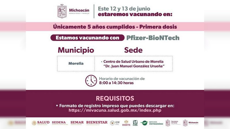 Este martes termina vacunación COVID-19 para menores de 5 años en Morelia y Uruapan