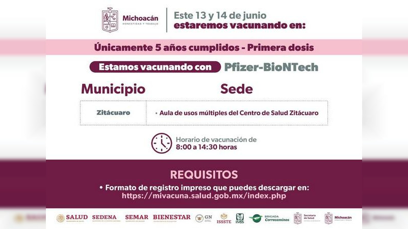 Este martes termina vacunación COVID-19 para menores de 5 años en Morelia y Uruapan