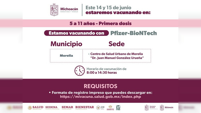 Arranca en Michoacán vacunación contra COVID-19 para menores de 5 a 11 años