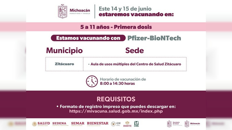Arranca en Michoacán vacunación contra COVID-19 para menores de 5 a 11 años