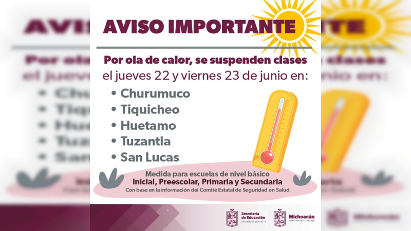 SEE suspende clases en 5 municipios de Michoacán por ola de calor 