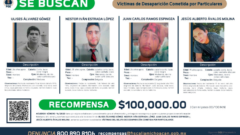 Ofrece FGE recompensa para localizar a cuatro personas desaparecidas en Zamora 