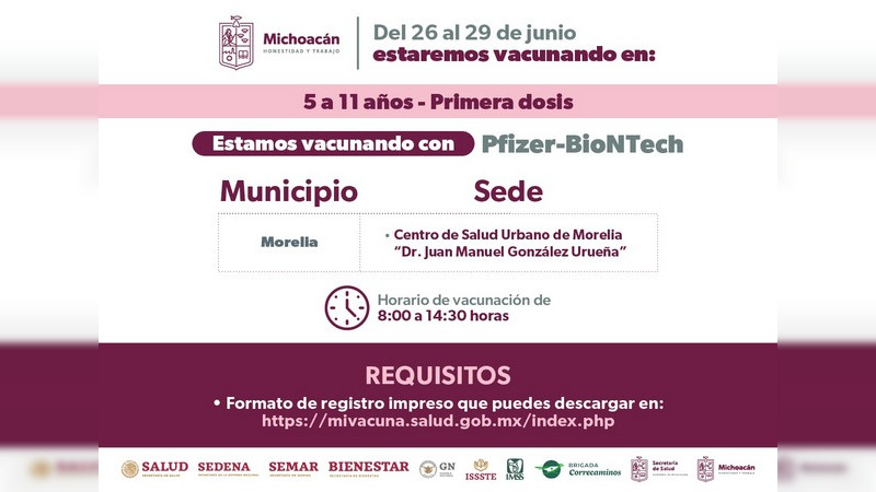 Vacunación COVID-19 en Morelia y Uruapan para menores de 5 a 11 años 
