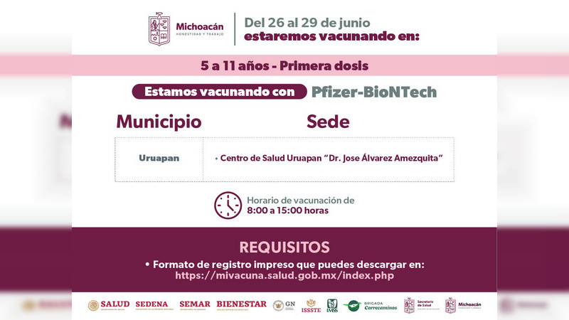 Vacunación COVID-19 en Morelia y Uruapan para menores de 5 a 11 años 