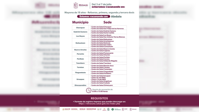 SSM anuncia vacunación COVID-19 en 68 municipios de Michoacán