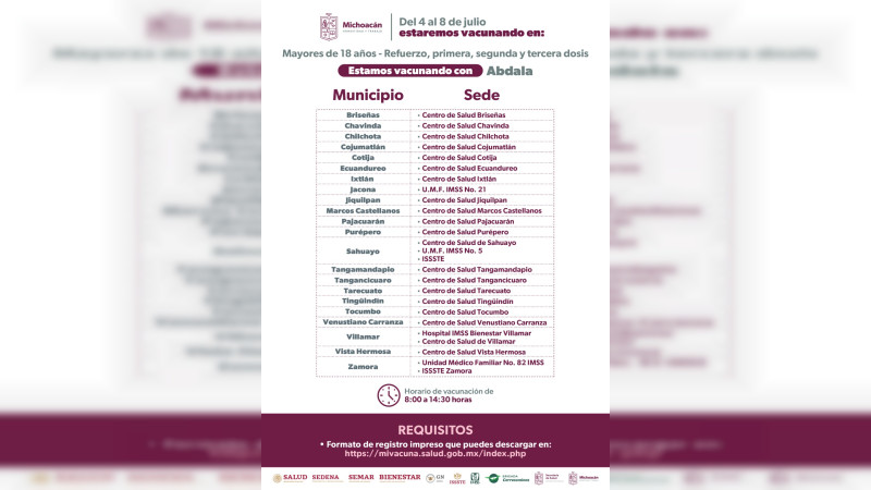 SSM anuncia vacunación COVID-19 en 68 municipios de Michoacán