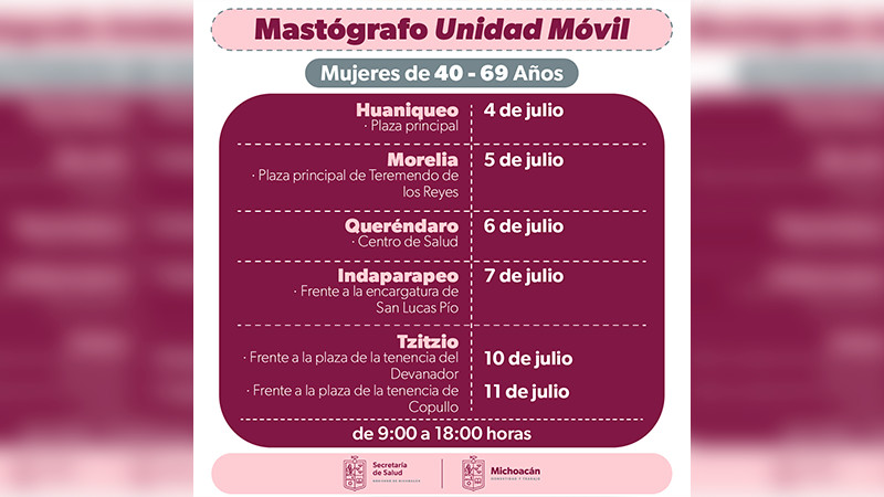 Realizará Salud Michoacán mastografías gratuitas en 4 municipios de Michoacán  