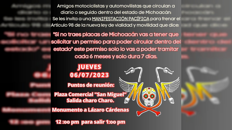 Falso que las motos en Michoacán no puedan circular por placas de otros estados