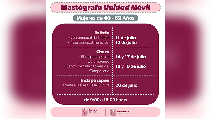 Anuncia SSM mastografías gratuitas en Tzitzio, Charo e Indaparapeo 