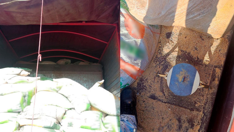 Aseguran camiones con cisternas ocultas entre costales de aserrín con estiércol, en Hidalgo 