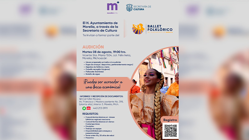 Secultura invita a integrarse al Ballet Folklórico del Ayuntamiento de Morelia 