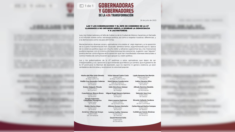 Gobernadores de Morena piden a "opinadores" dejar de difundir miedo
