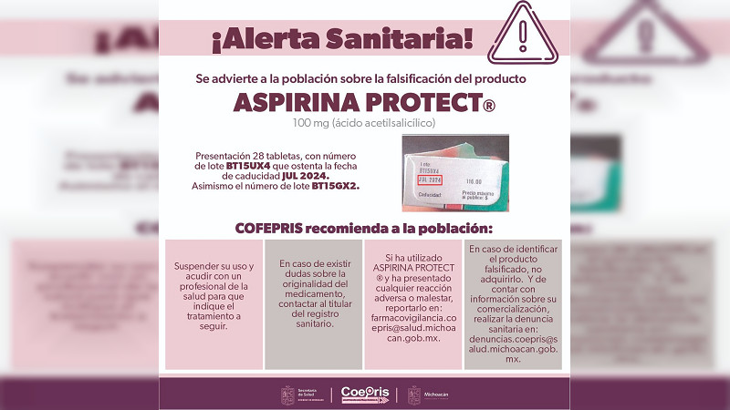 Alertan en Michoacán sobre falsificación de Aspirina Protect