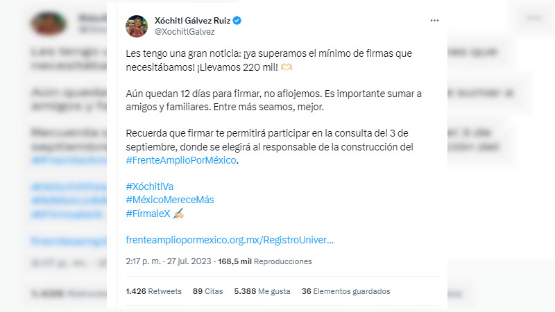 Presume Xóchitl Gálvez llevar 220 mil firmas registradas en plataforma del Frente Amplio por México