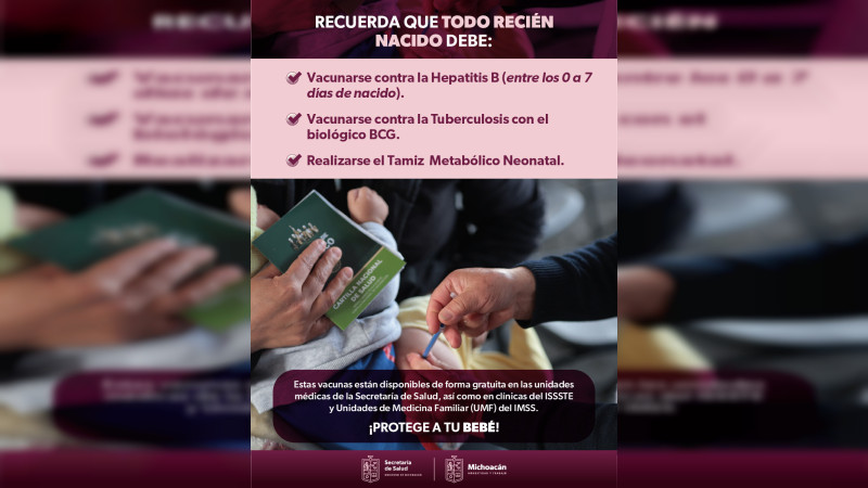 Recién nacidos deben vacunarse contra la hepatitis B y tuberculosis: SSM 