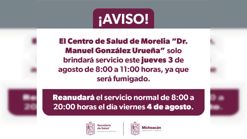 Por fumigación, Centro de Salud de Morelia suspenderá servicio este jueves 