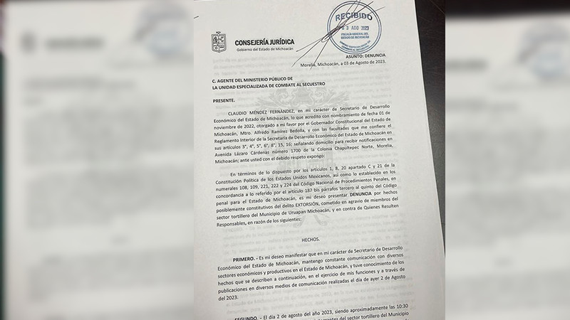 Titulares de Sedeco y Cocotra presentan denuncias por extorsión en Uruapan