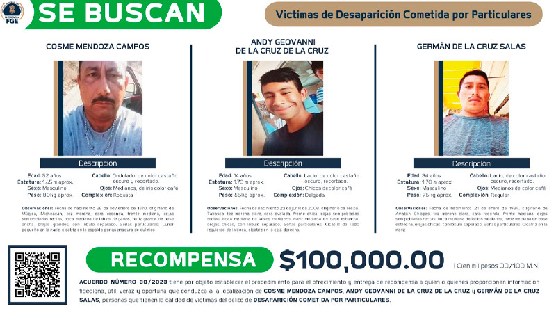 Ofrece FGE 100 mil pesos de recompensa por ayuda para localizar a 3 personas, víctimas de desaparición, en Apatzingán, Michoacán 