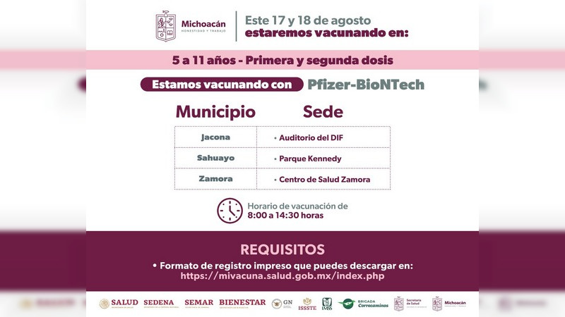 Vacunarán contra COVID-19 a menores de 5 a 11 años en tres municipios