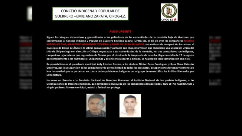 Denuncian desaparición de 3 jornaleros integrantes del Cipog-EZ, en Chilpancingo