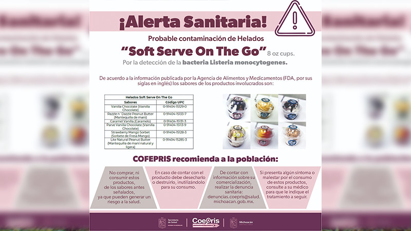 Salud Michoacán alerta sobre el consumo de helados Soft Serve On The Go por brote de Listeria 