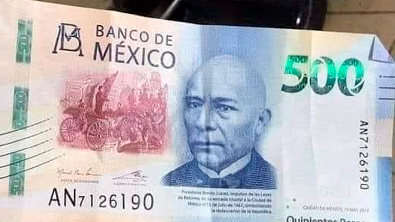 Apatzingán: alertan por circulación de billetes de 500 pesos con imagen de Benito Juárez sin cabello