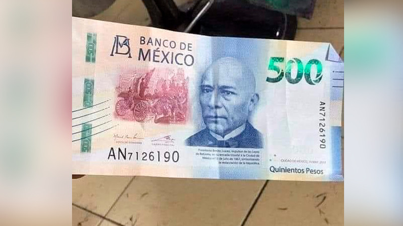 Apatzingán: alertan por circulación de billetes de 500 pesos con imagen de Benito Juárez sin cabello