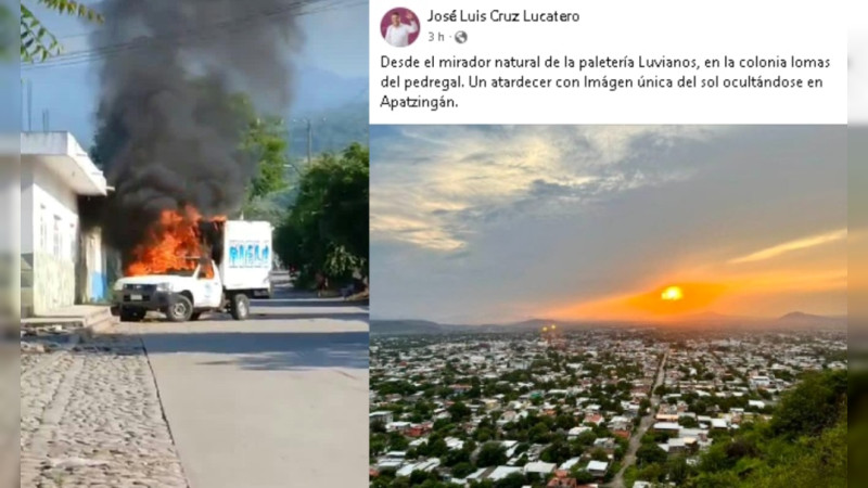 Amanece Apatzingán con balaceras, quemas y bloqueos, sumando 2 semanas sin corte de limón: Alcalde comparte foto del atardecer 