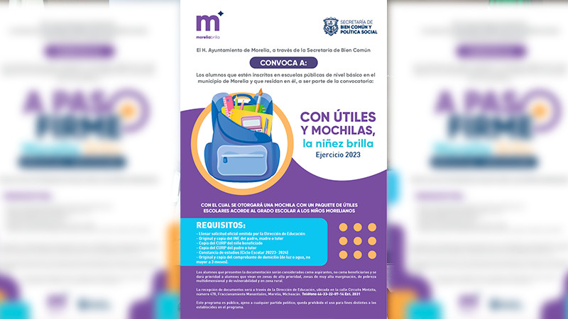 Gobierno de Morelia abre convocatoria para acceder a tenis, mochilas y útiles escolares