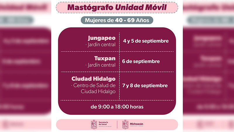 Anuncia Salud Michoacán mastografías gratuitas en 3 municipios de región Oriente 