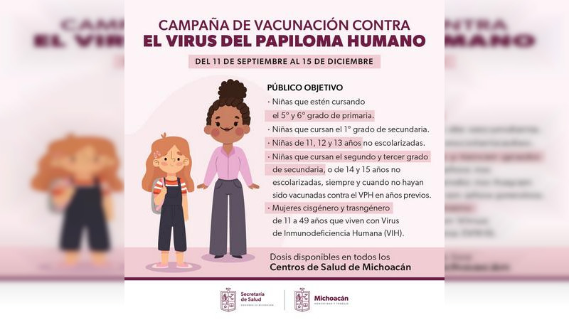 Vacunará Salud Michoacán a niñas y adolescentes contra el Virus del Papiloma Humano