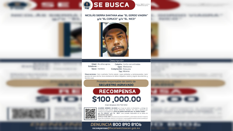 Fiscalía ofrece recompensa por información valiosa de 11 criminales en Michoacán