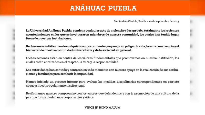 Universidad Anáhuac condena violencia e identifica a agresores de joven en Puebla