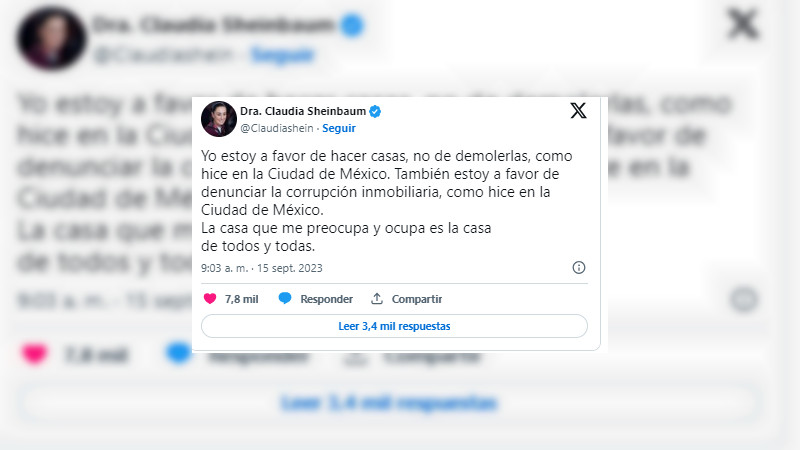 Sheinbaum le responde a Xóchitl Gálvez: "Yo estoy a favor de hacer casas, no de demolerlas"