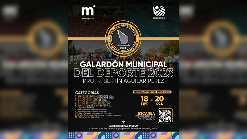 Lanza Gobierno de Morelia convocatoria para el Galardón Municipal del Deporte “Bertín Aguilar Pérez” 2023 