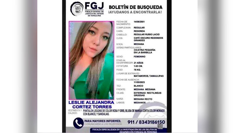 Fiscalía de Tamaulipas, ofrece un millón de pesos por presunto feminicido de Leslie Alejandra  