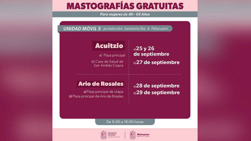 Realizará SSM mastografías gratuitas a 8 municipios de Michoacán