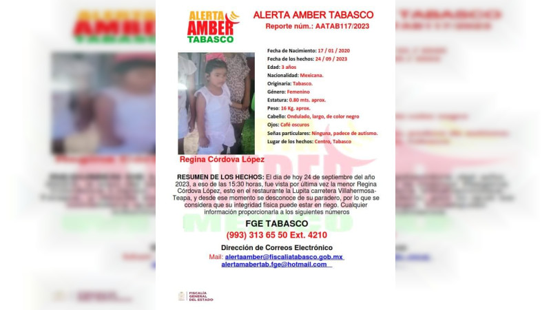 Activan Alerta Amber por desaparición de niña de 3 años, en Tabasco 
