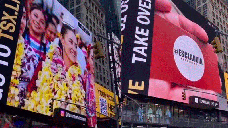 Acusan a Claudia Sheinbaum por actos anticipados de campaña por proyección de Times Square 